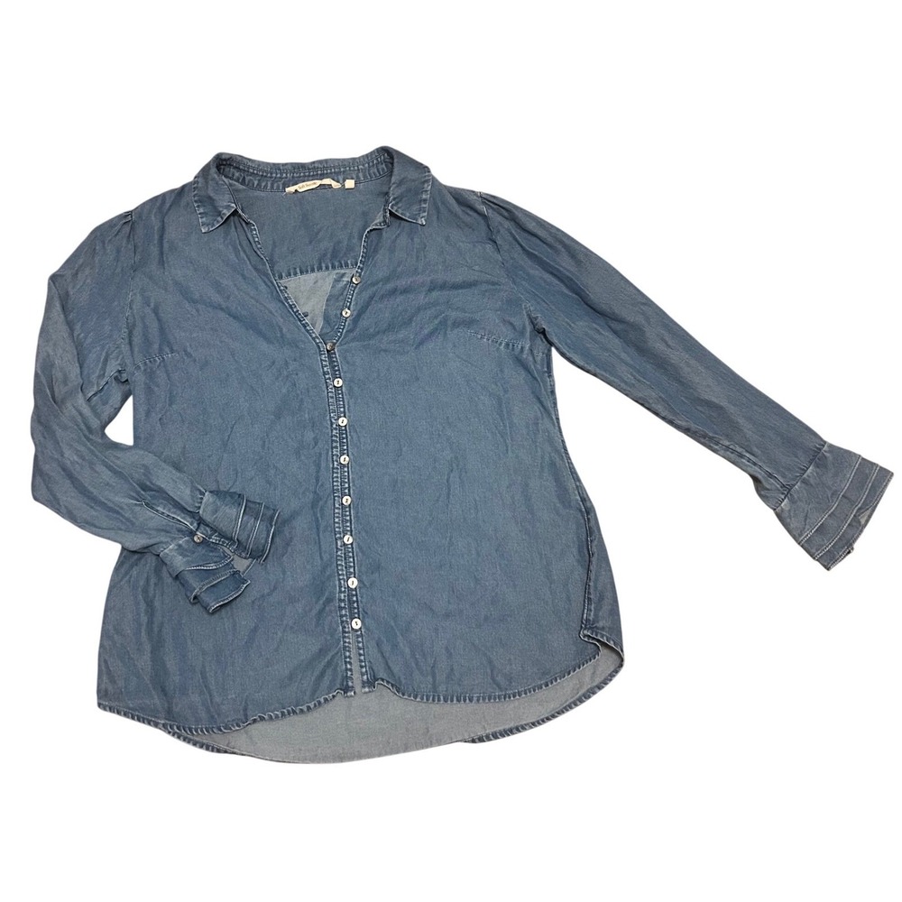 Soft Surroundings Chambray Denim Ruffle cuff pirate sleeve festival cottage top
